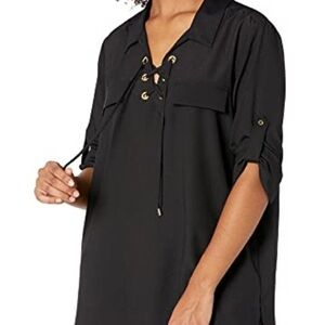 Calvin Klein modern essentials black roll tab sleeve blouse, Size S, NWT
